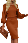 Women's Casual Long Puff Sleeve Bodycon Midi Dress - Ribbed Knit