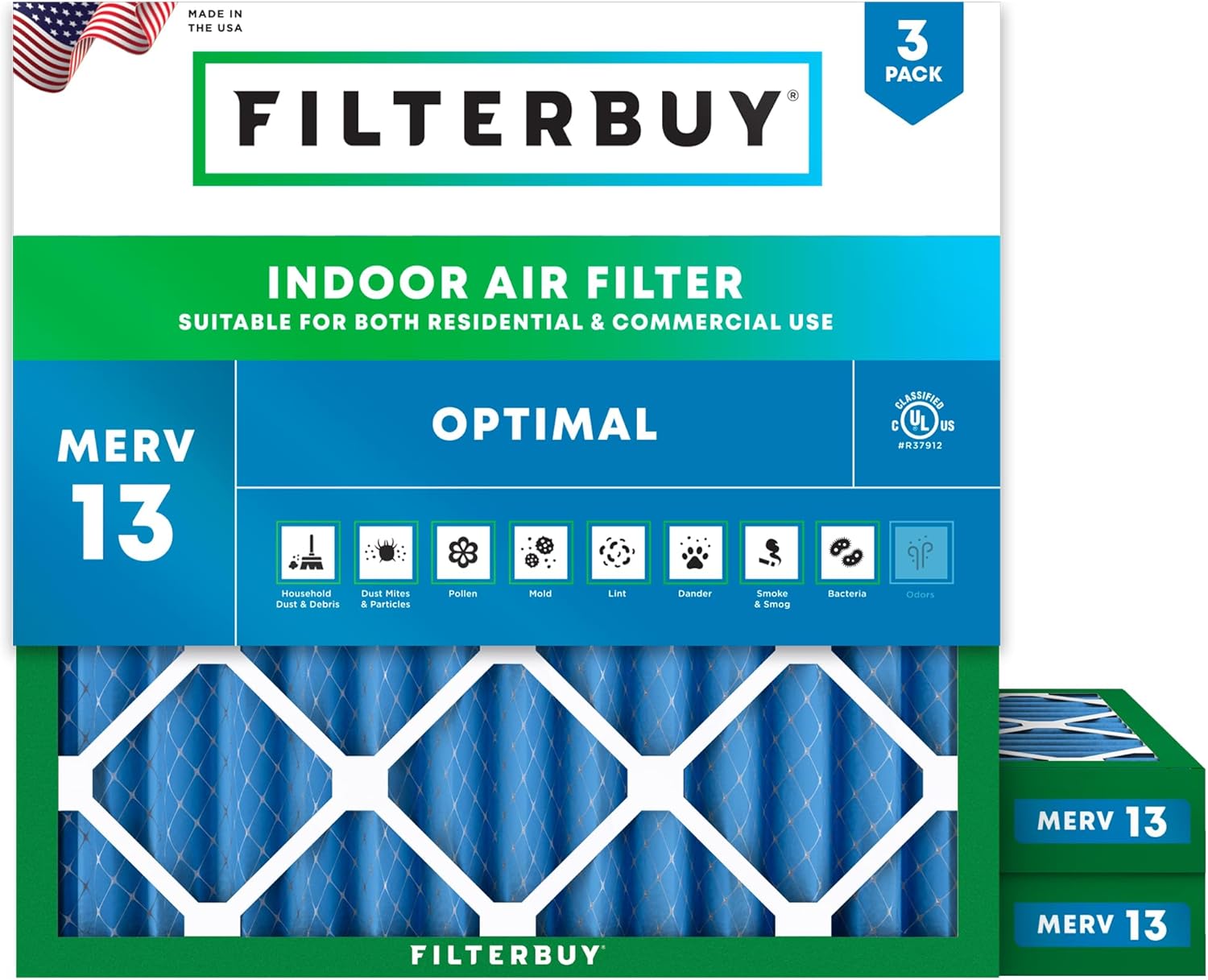 Filterbuy 20x20x2 Air Filter MERV 13 for Smoke & Allergy Defense