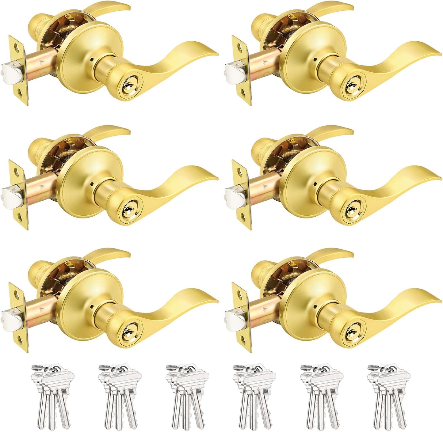 Probrico Brushed Gold Door Handles with Lock and Keys, 6 Pack
