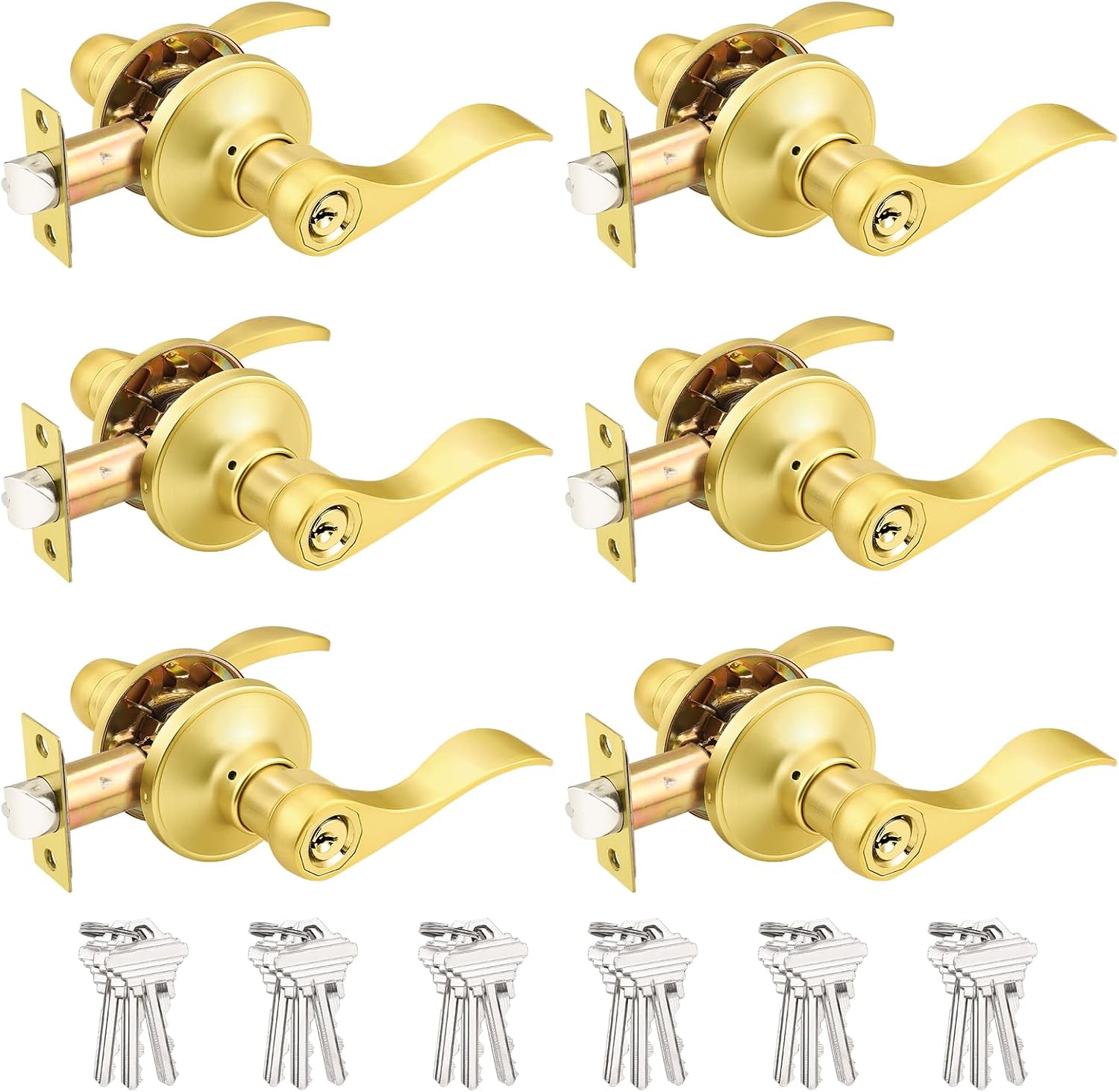 Probrico Brushed Gold Door Handles with Lock and Keys, 6 Pack