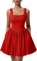 Women's Summer Sleeveless Square Neck A-line Ruffle Hem Mini Dress