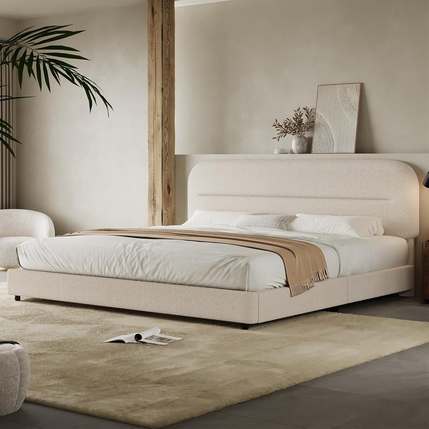 HOMBCK King Size Boucle Bed Frame with Soft Upholstered Design