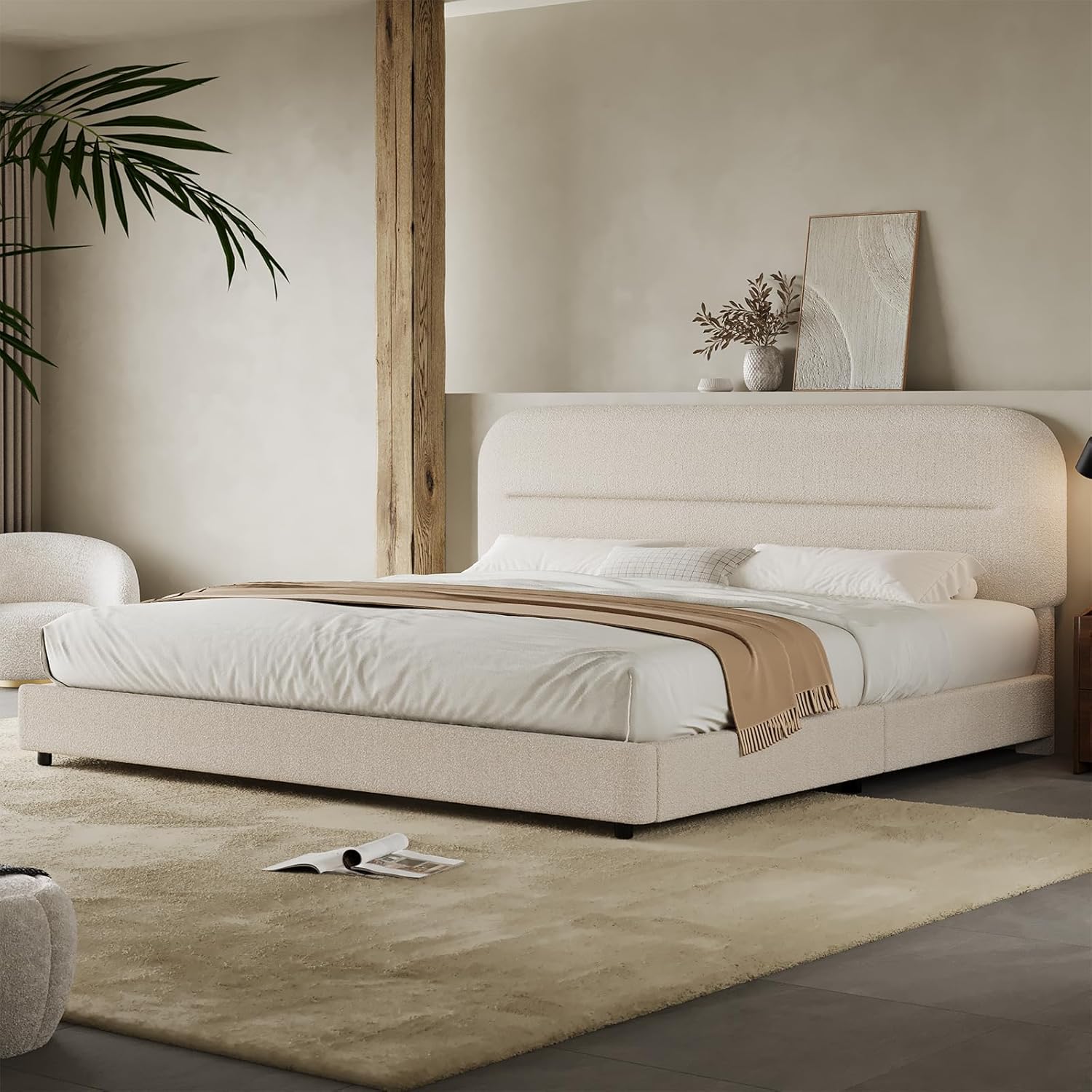 HOMBCK King Size Boucle Bed Frame with Soft Upholstered Design
