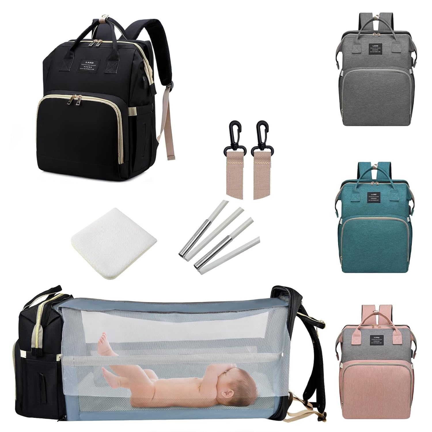 7-in-1 Diaper Bag Backpack with Changing Station - Black