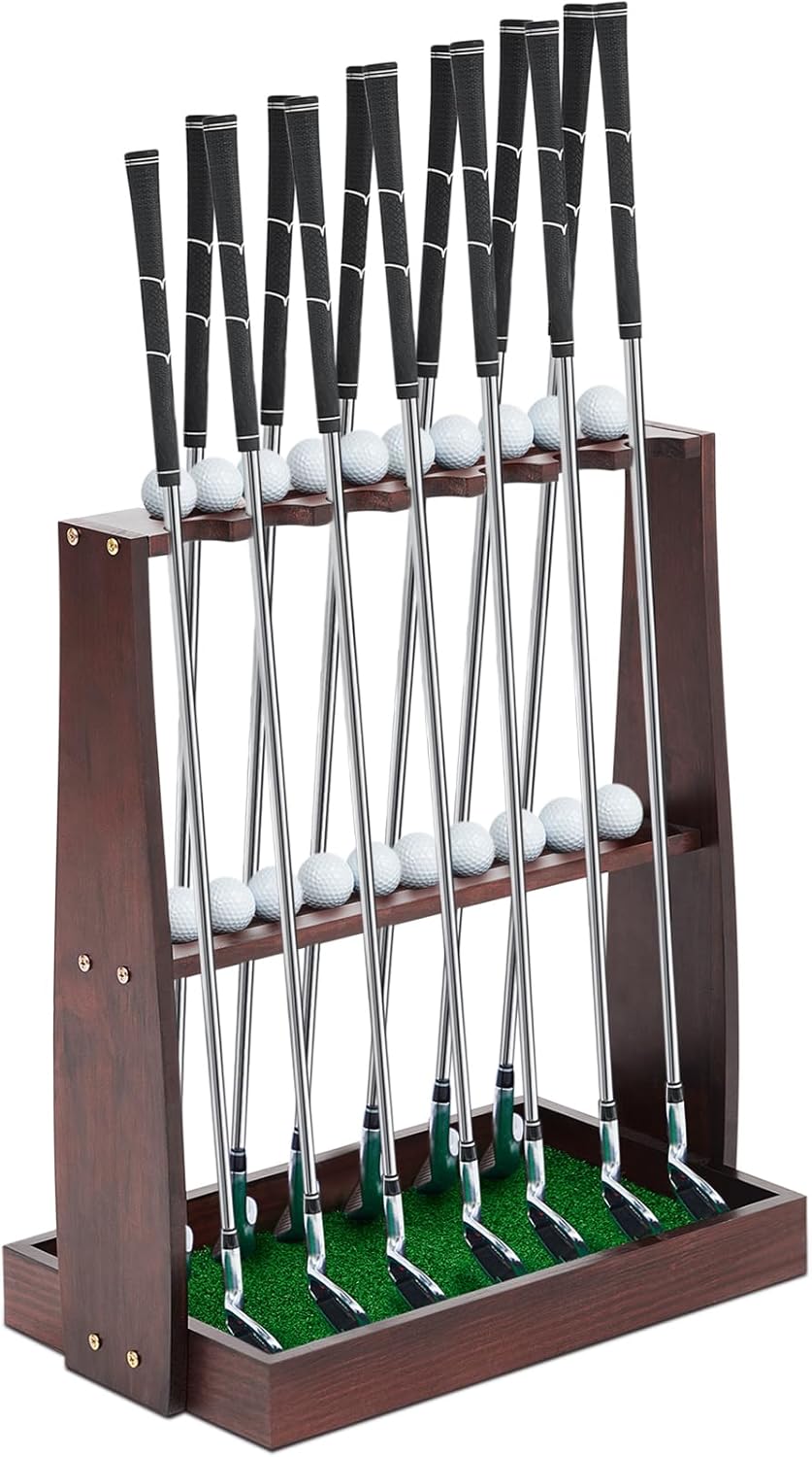 Lenwen Wooden Golf Club Rack - Organize 13 Clubs & 20 Balls!