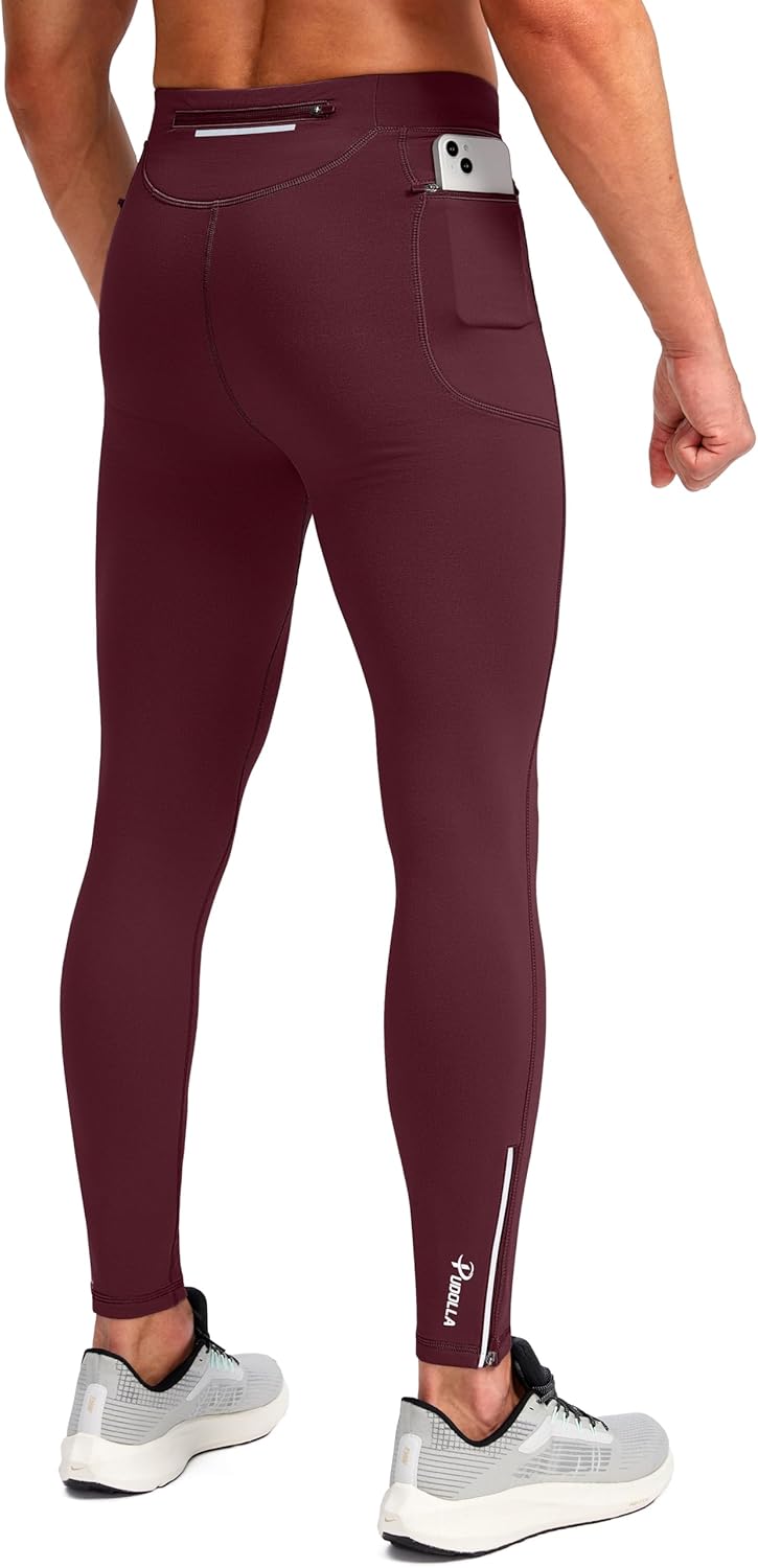 Pudolla Men's Thermal Running Tights with 3 Zipper Pockets