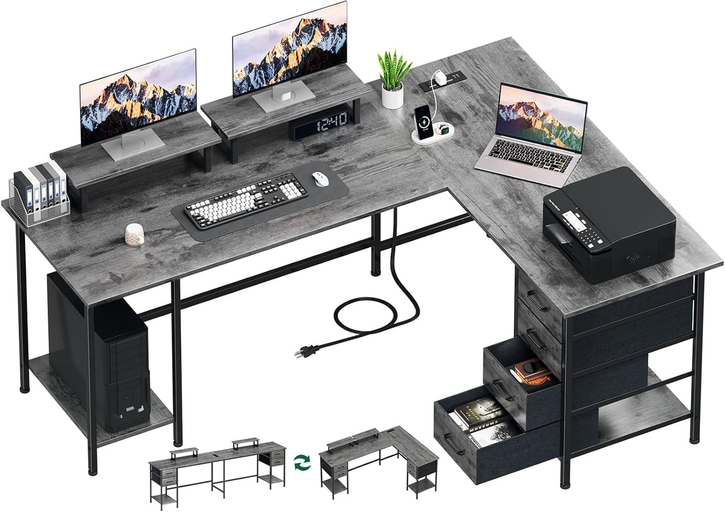 66 L Shaped Computer Desk with Power Outlets and Storage Drawers
