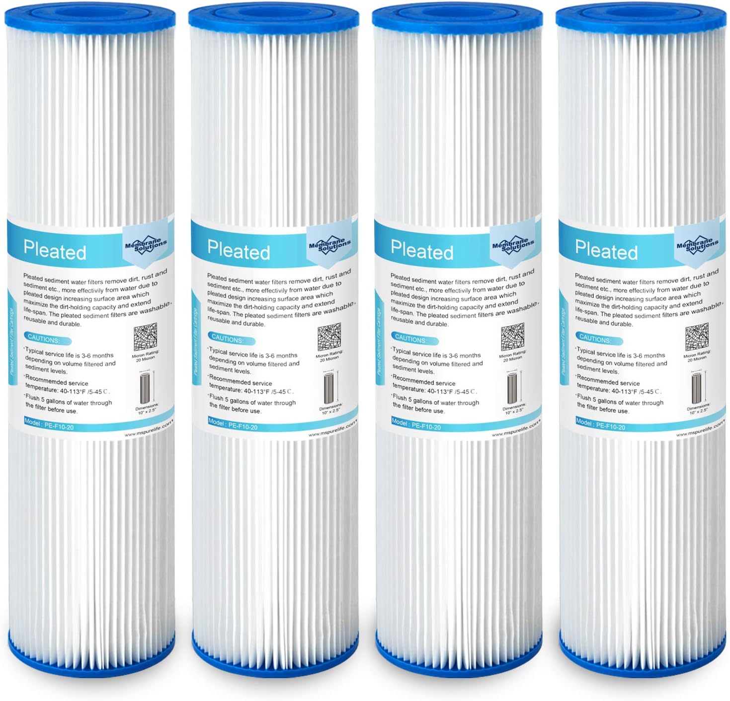 20 Micron Pleated Polyester Water Filter Cartridge 4 Pack