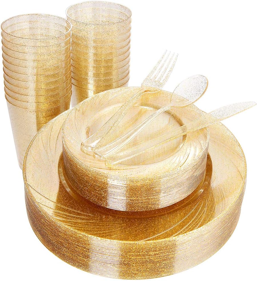 WDF 150pcs Gold Glitter Plastic Plates for Glamorous Parties