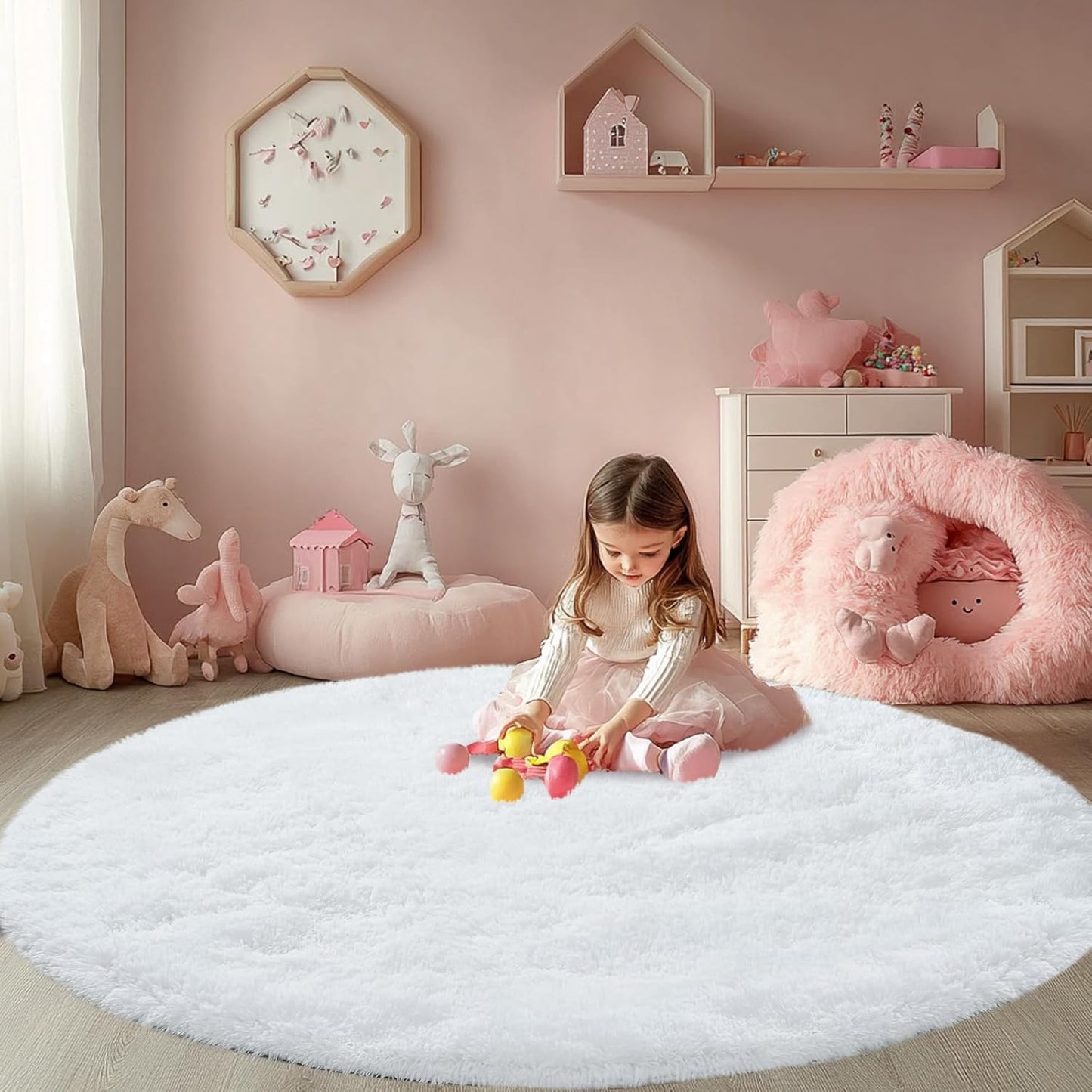 CAIYUECS White Round Rug: Soft and Fluffy 5x5 Feet Area Rug