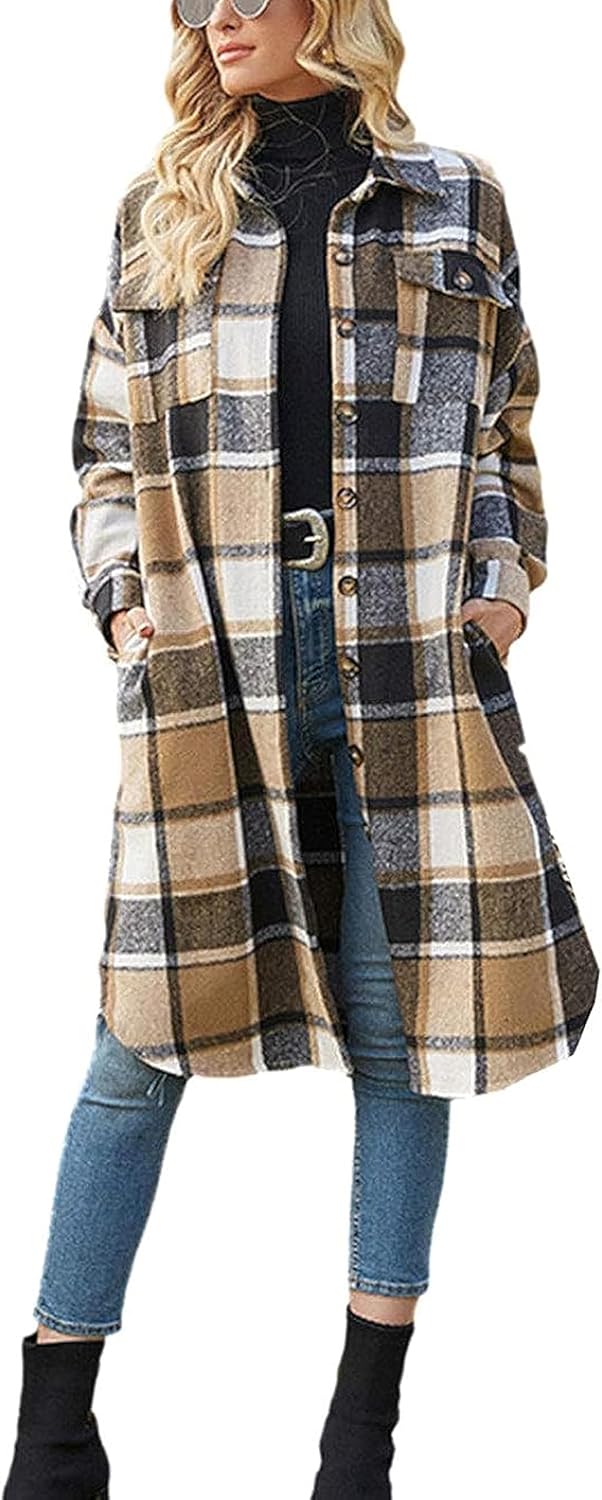 Himosyber Women's Casual Plaid Lapel Woolen Button Up Shacket