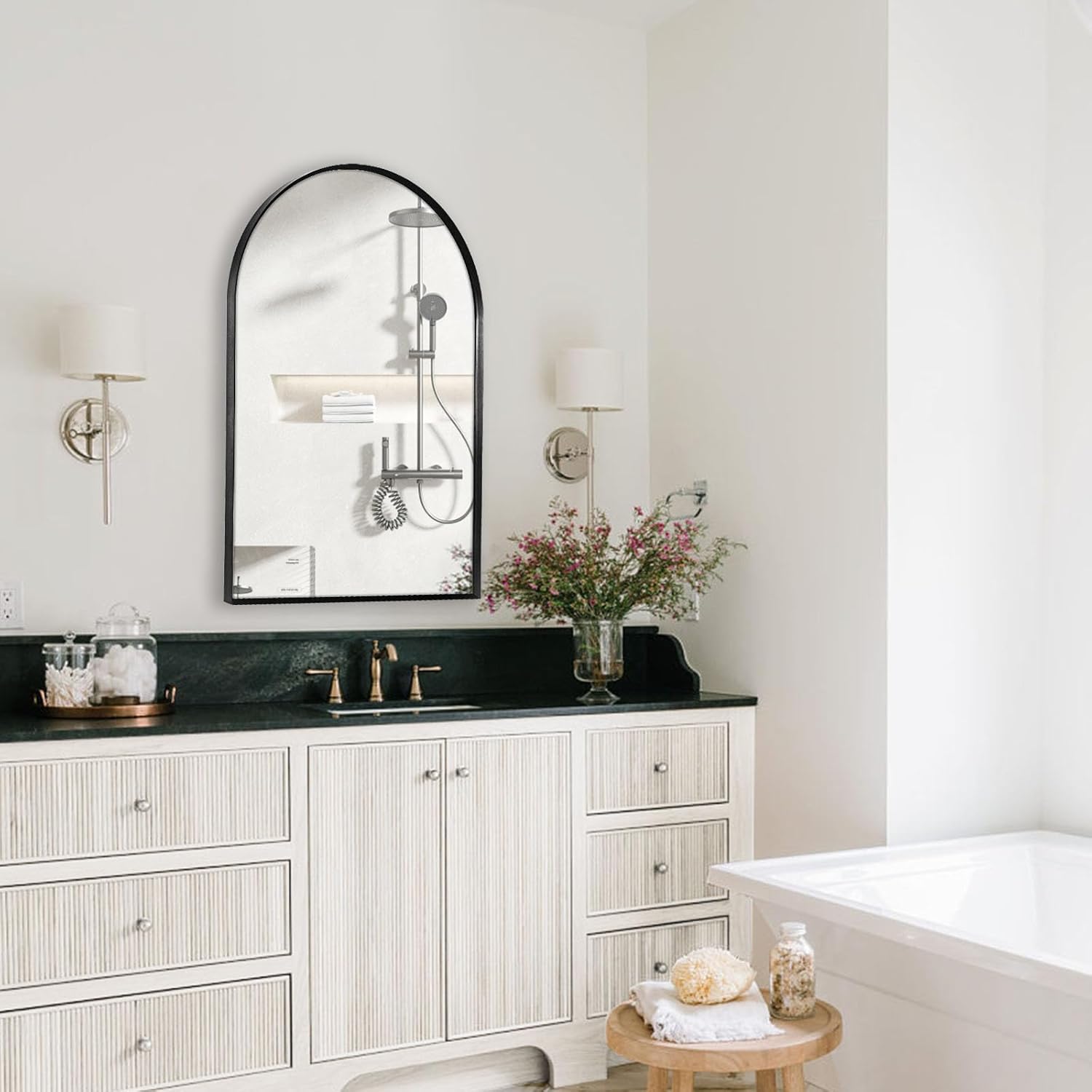 Arched Wall Mirror for Bathroom, 20x30 Black Metal Frame