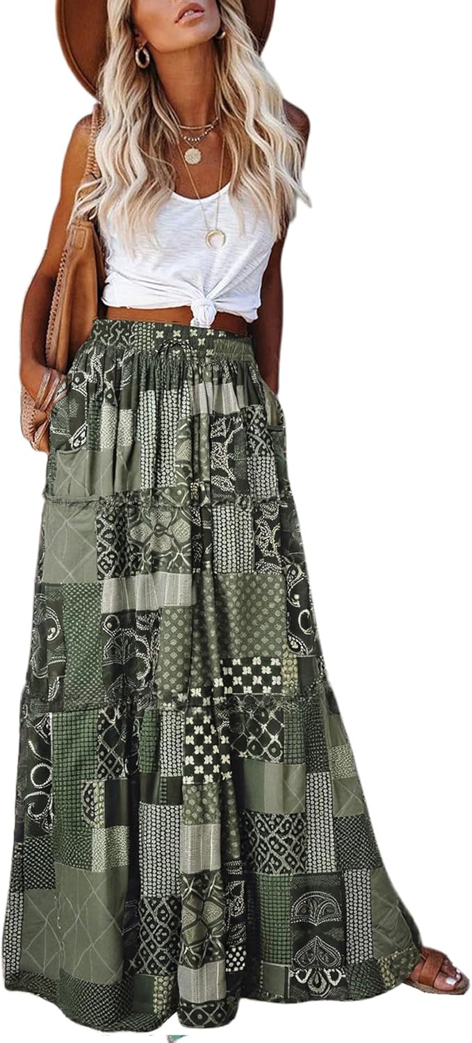 EARKOHA Womens Casual High Waist Tie Maxi Skirt with Pockets