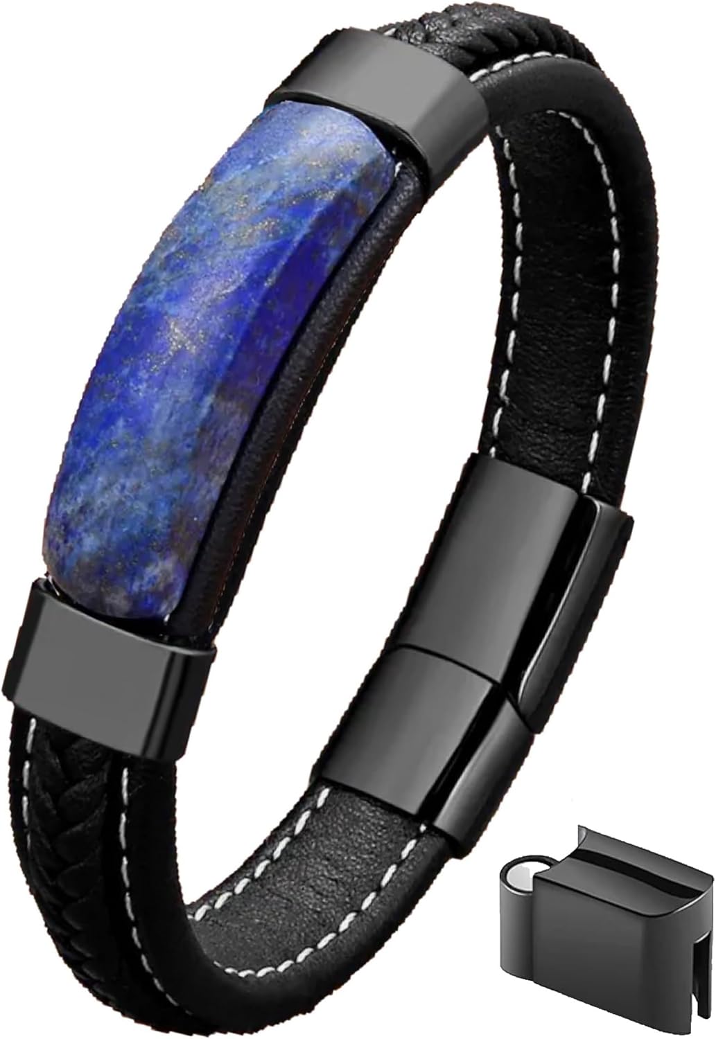 Men's Natural Stone and Black Leather Bracelet for Unique Style