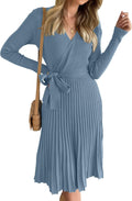 Women's Ribbed Knit Wrap V Neck Midi Sweater Dress - Belted Fall Style