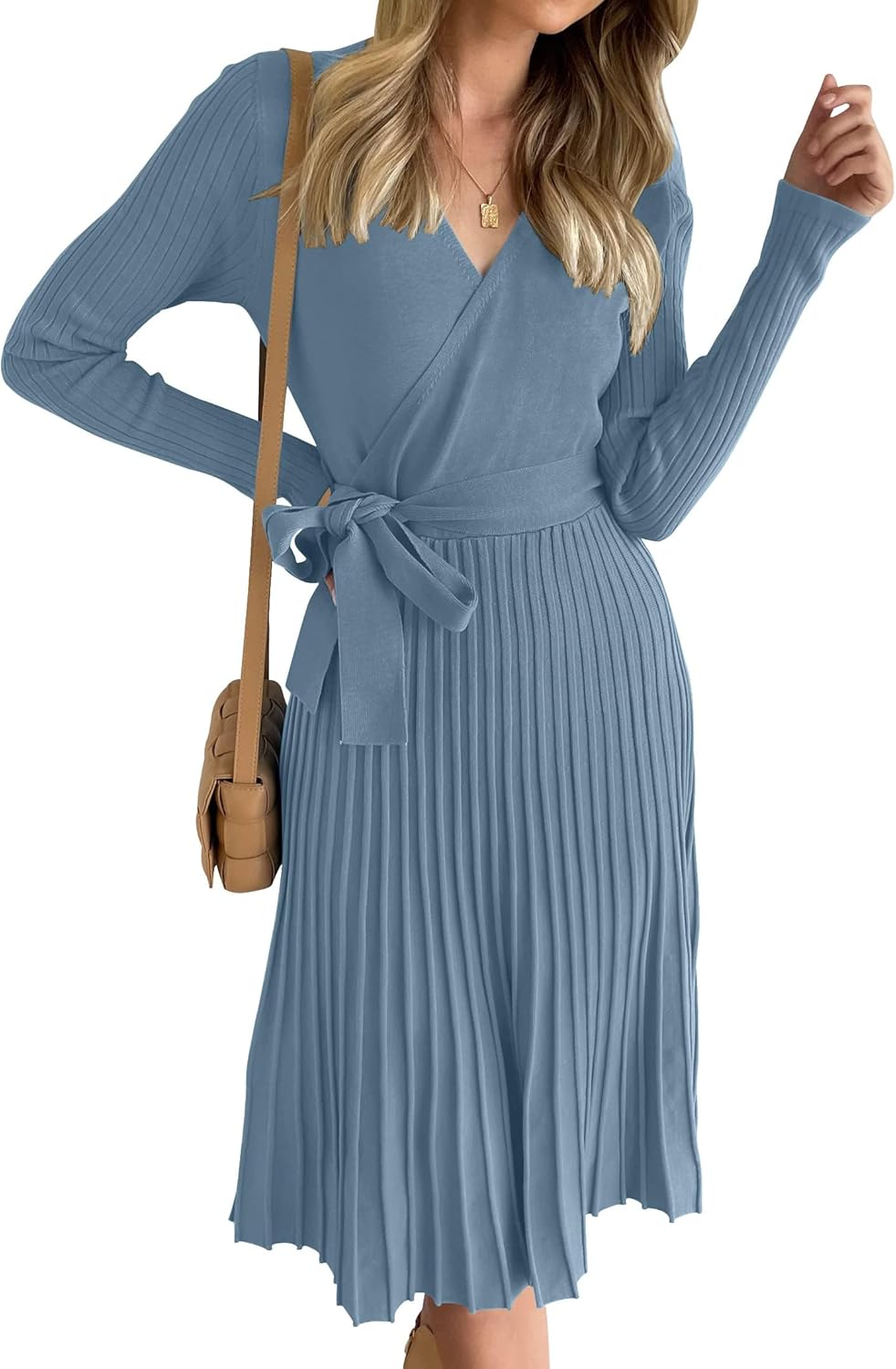 ZESICA Women's Fall Long Sleeve Wrap V Neck Sweater Dress