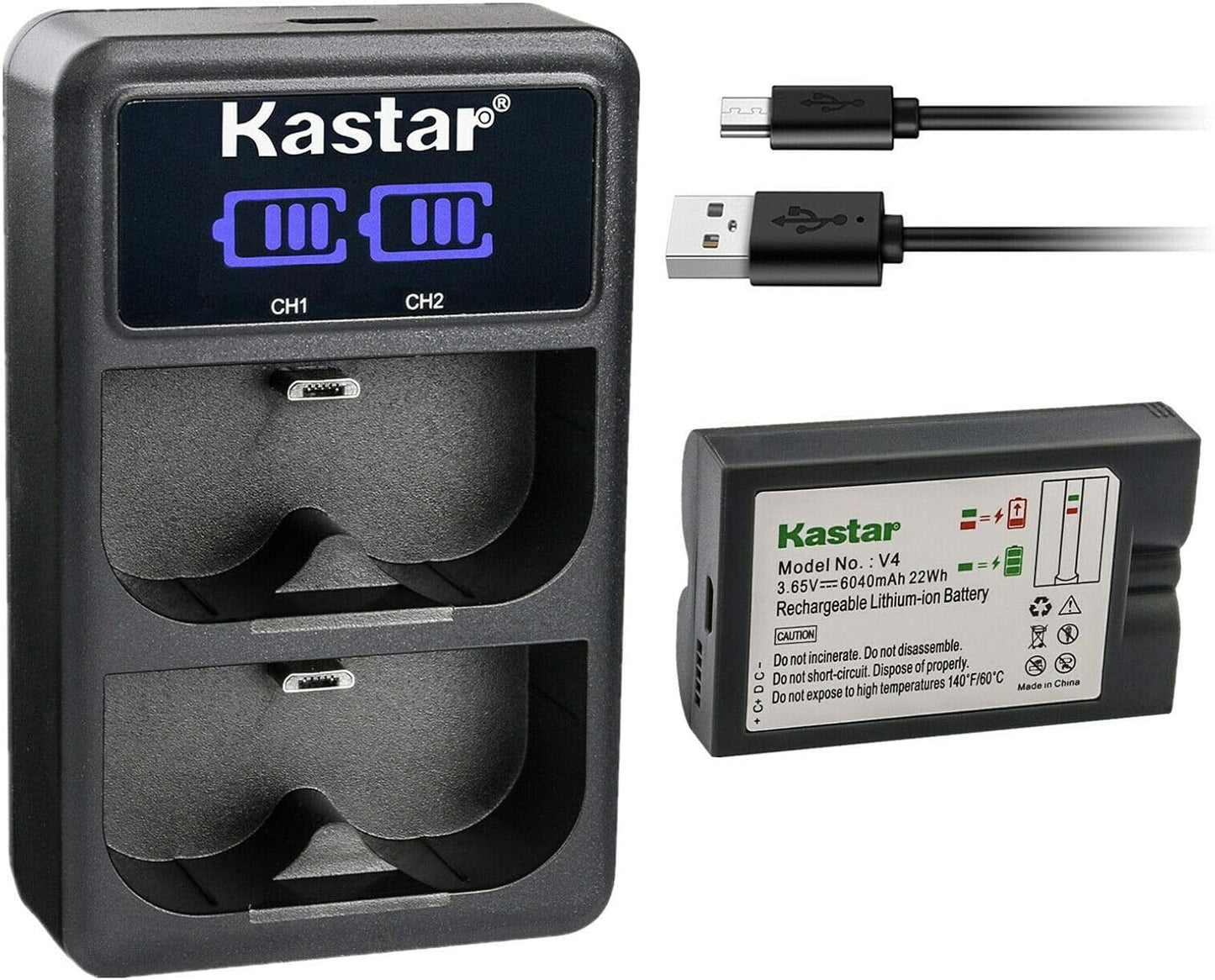 Kastar V4 Battery and LCD Dual USB Charger for Ring Devices