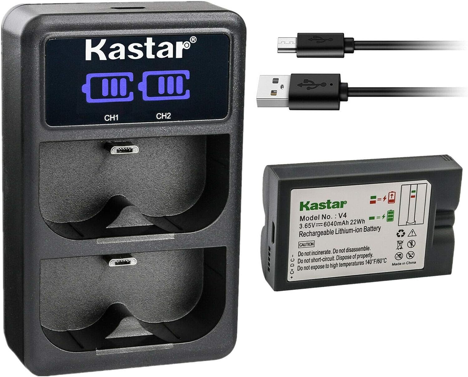 Kastar V4 Battery and LCD Dual USB Charger for Ring Devices
