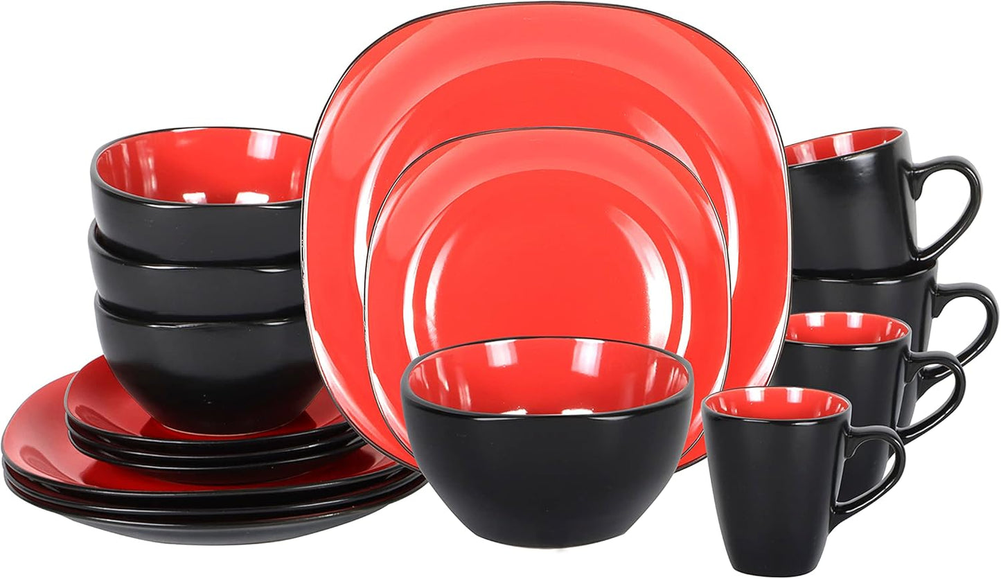 Stoneware Square 16pc Dinnerware Set in Shiny Red & Matte Black