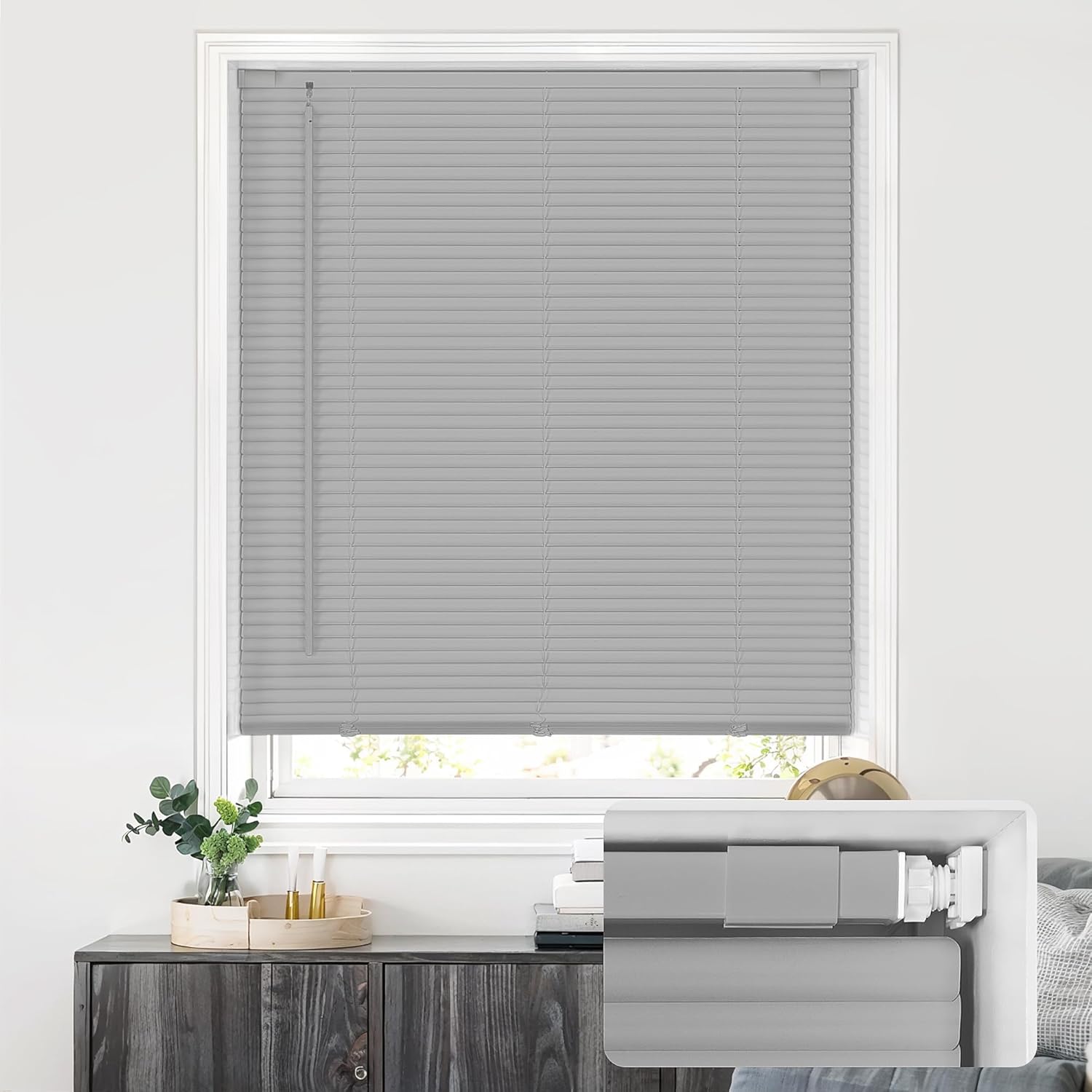 Cordless 1in Vinyl Mini Blinds for Indoor Windows - Grey
