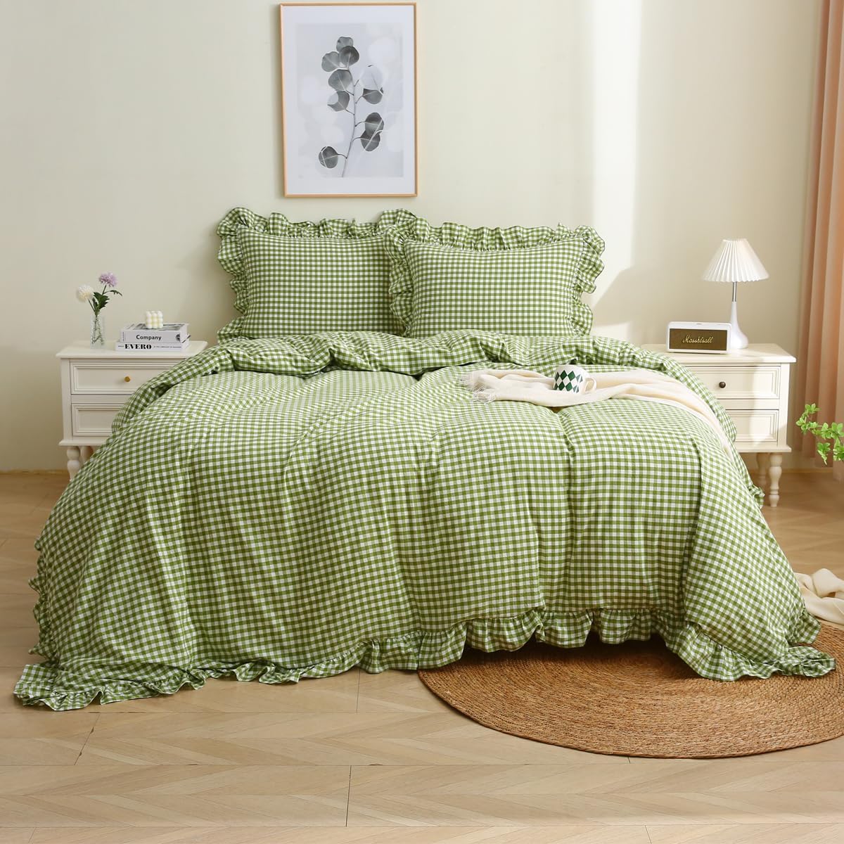 Olive Green Checkered Ruffle Duvet Cover Set for Queen Beds