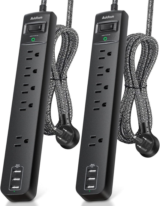 Addtam 15FT Surge Protector - 5 Outlets, 3 USB, Overload Protection