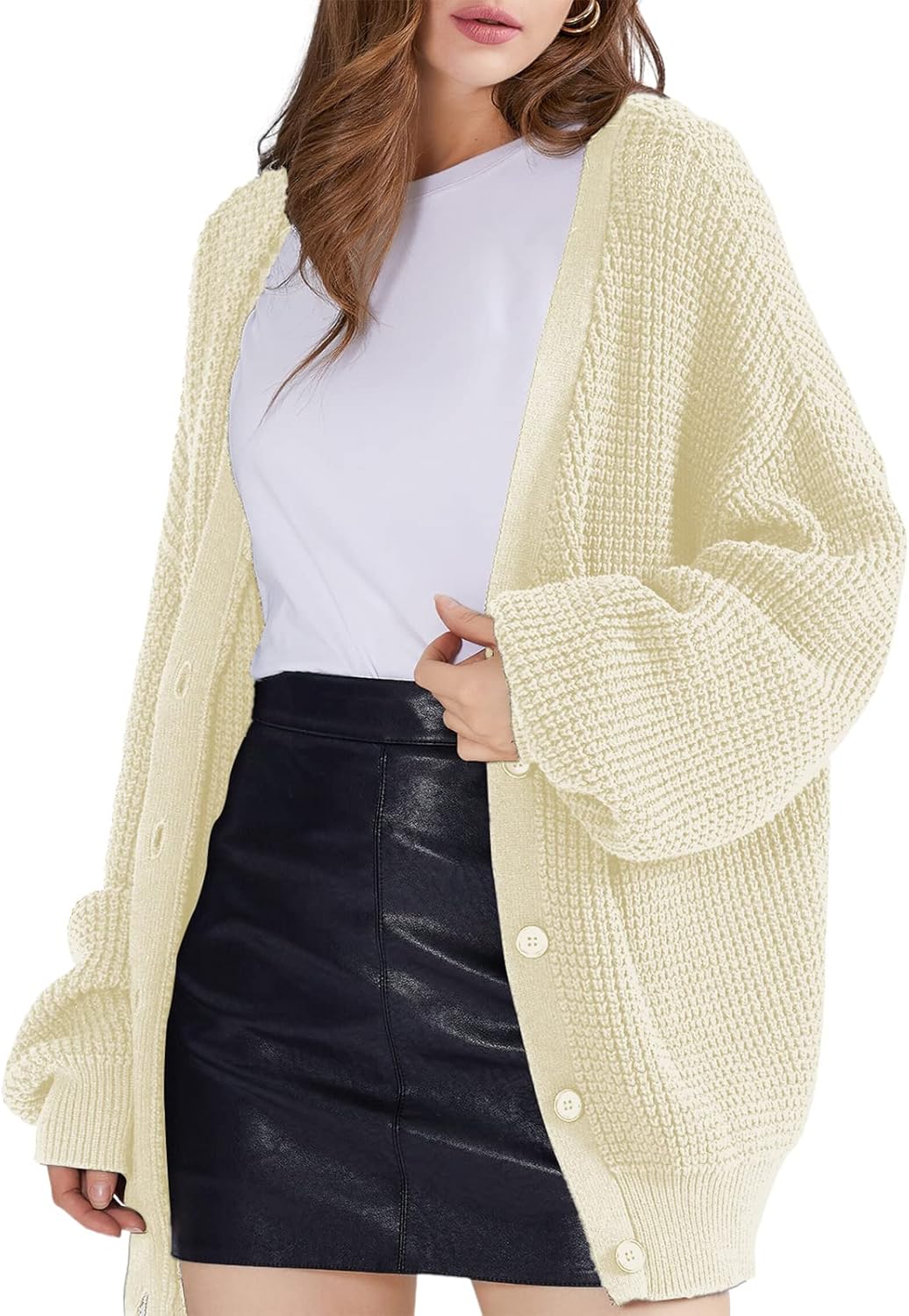 QUALFORT Cardigan Sweaters for Women - 100% Cotton Oversized Knit