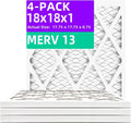 18x18x1 MERV 13 Pleated Air Filter 4-Pack - High Efficiency Fit