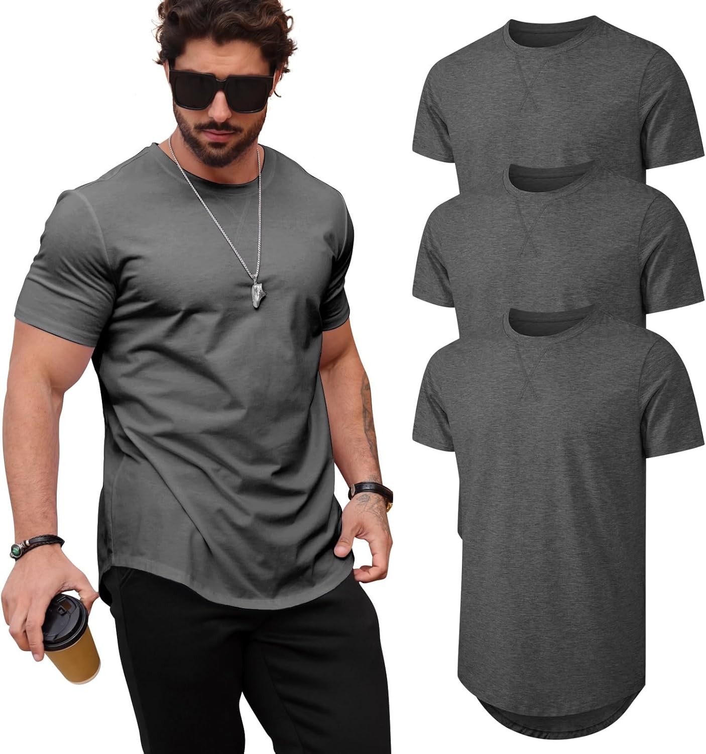 Mens T Shirts Casual Hipster Longline Crewneck Tee Shirts