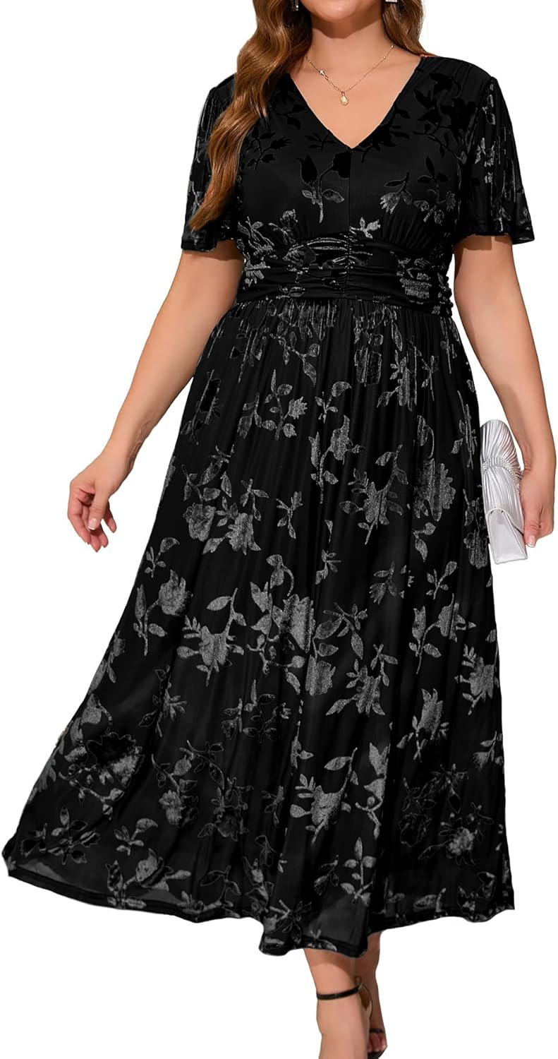Simplee Womens V Neck Velvet Maxi Dress for Wedding Guests