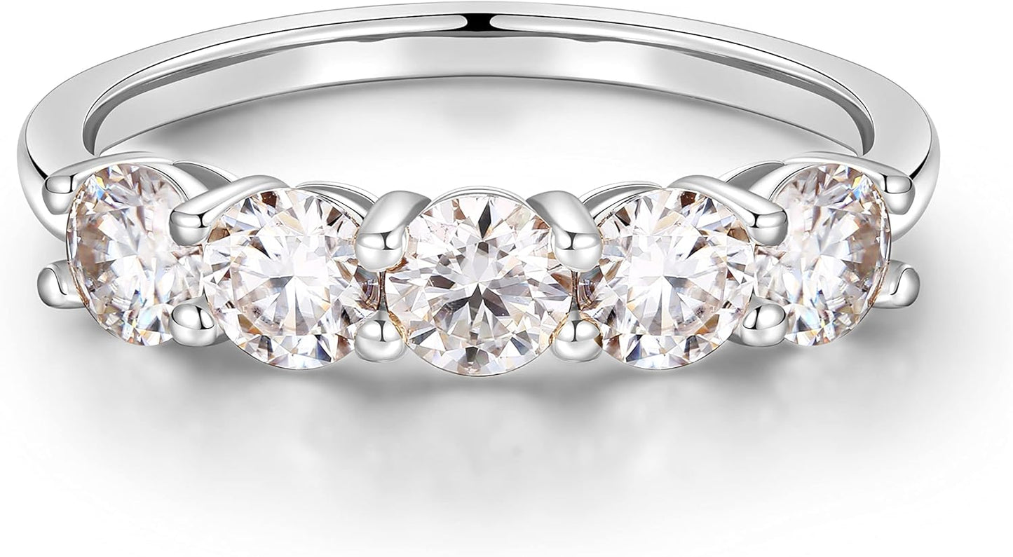 5 Stone Moissanite Rings for Women in 14K White Gold Filled