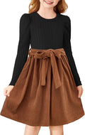 Arshiner Girls Puff Long Sleeve Plaid Patchwork Belted Dress - Holiday