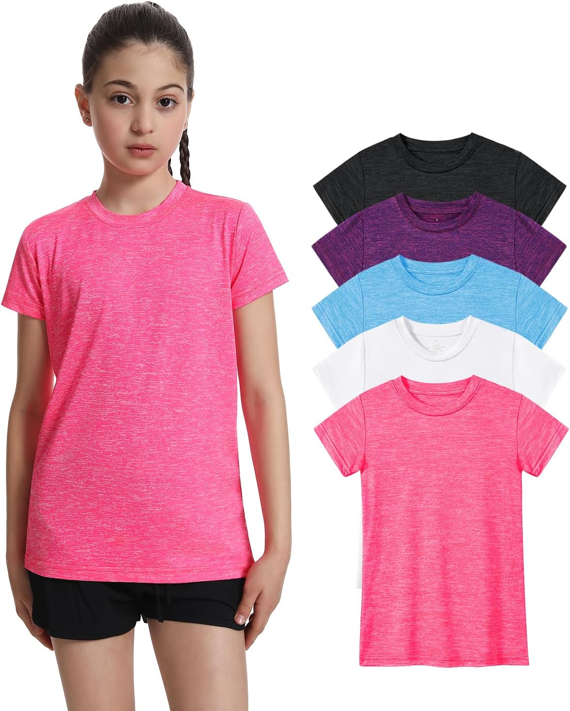 5 Pack Girls Athletic Shirts for Active Kids and Teens