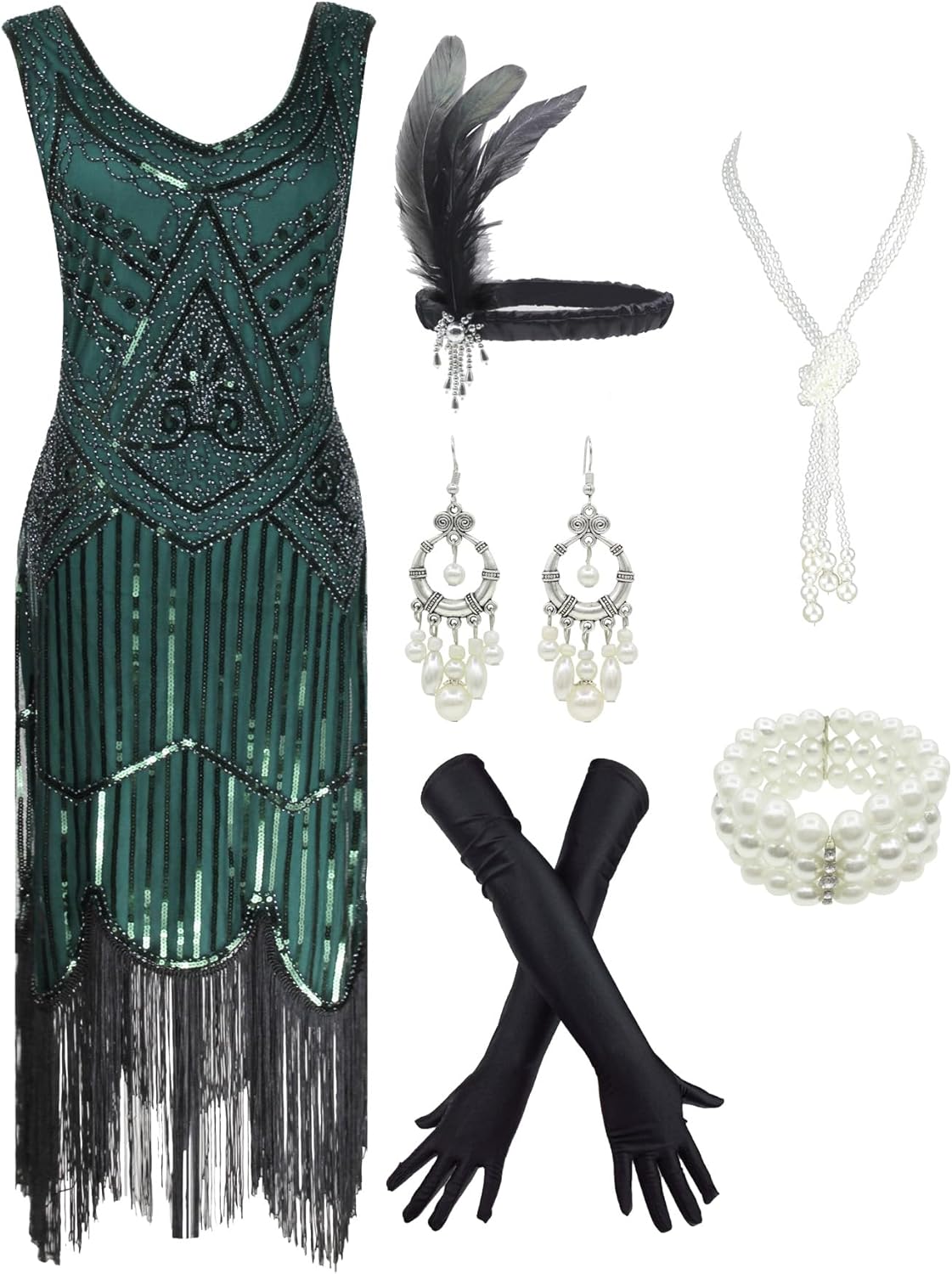 1920s Gatsby Sequin Fringed Flapper Dress with Accessories Set