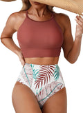 Women's High Neck Tropical Leaf Print Bikini Set - High Waisted Fit
