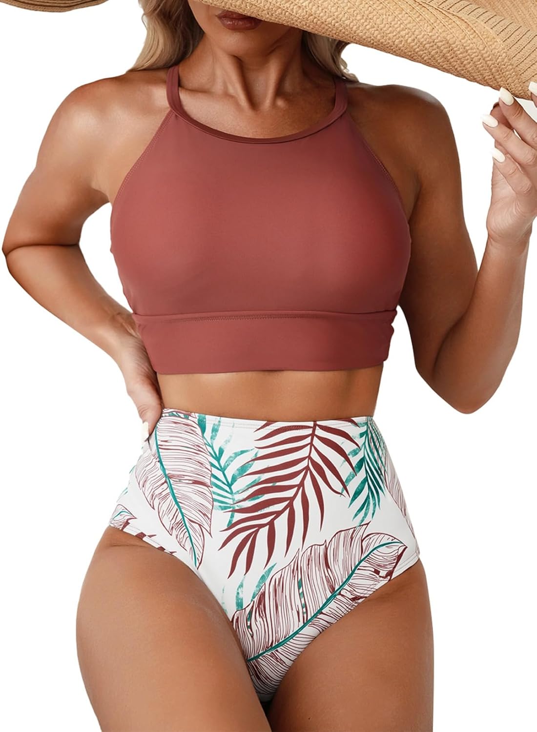 Herseas Women's High Neck Tropical Leaf Print Bikini Set