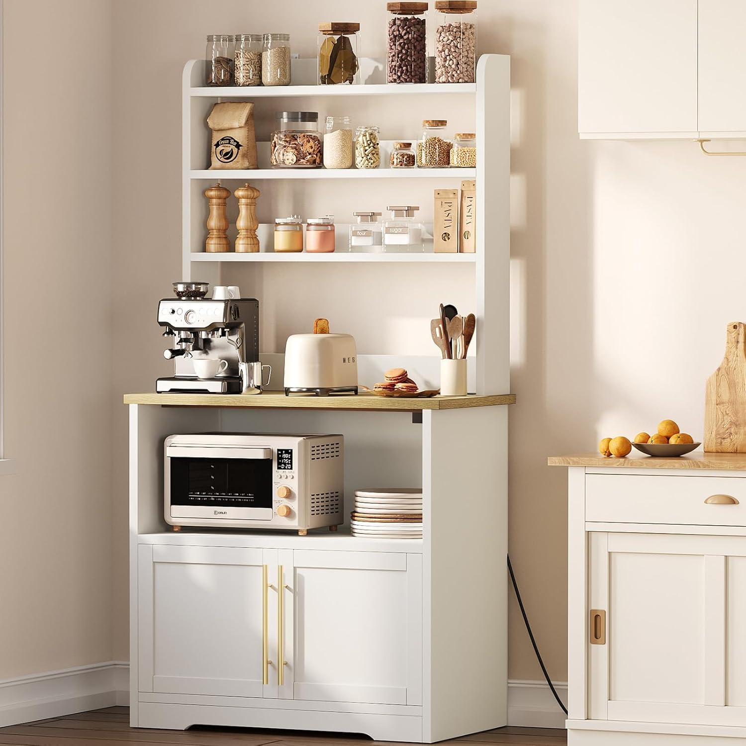 Farmhouse Bakers Rack: Storage, Power Outlets, Thickened Top