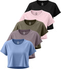 Women's Dry Fit Crop Top 5 Pack - Short Sleeve Crew Neck Athletic Real