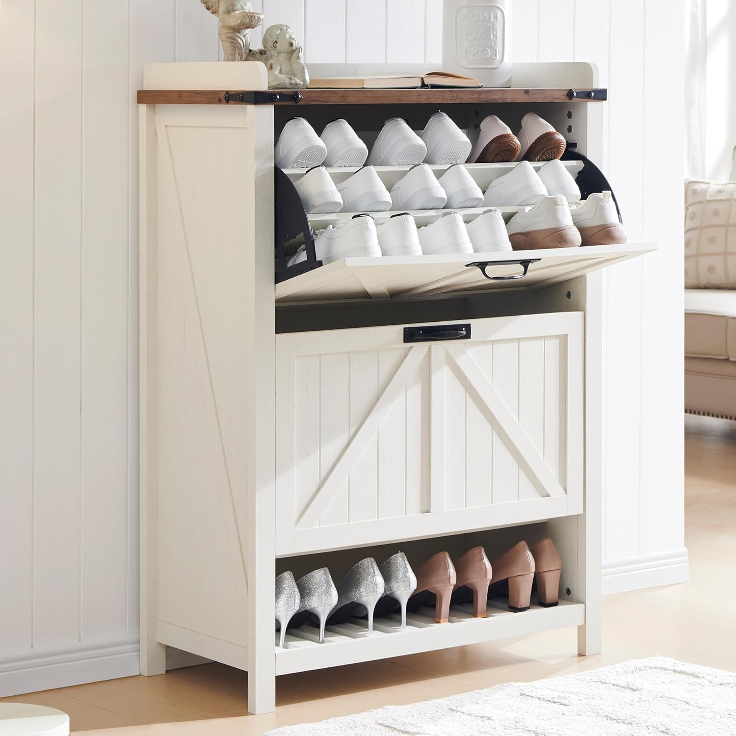 Farmhouse Shoe Storage Cabinet with 2 Flip Drawers for Entryway
