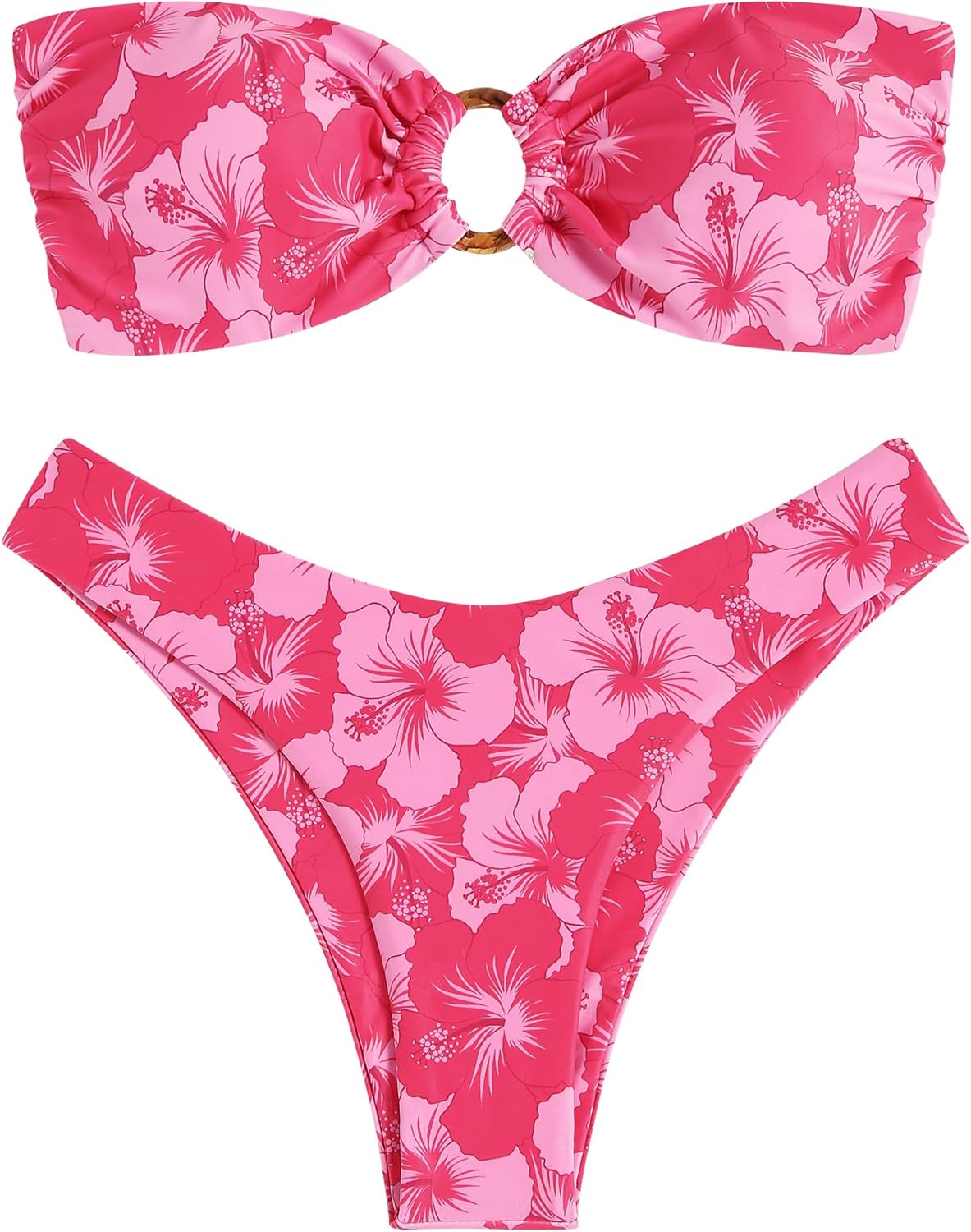 ZAFUL Women's Bandeau Bikini O Ring Strapless High Cut Swimsuit