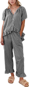 Womens Gingham Plaid 2-Piece Pajama Set - Cotton Babydoll Top