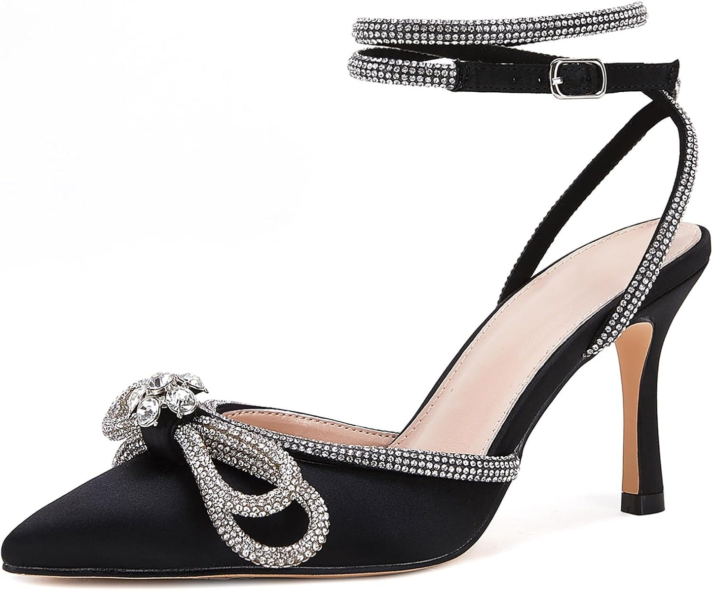 VETASTE Women's Double Bow Pointed Toe Ankle Strap Heels