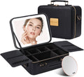 Black Hard Leather Travel Makeup Bag with LED Mirror - Portable Case