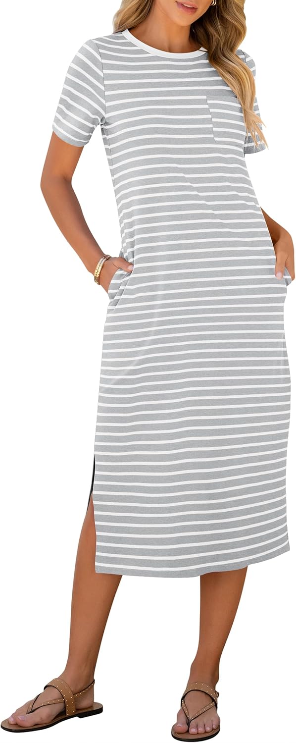 Womens Summer Casual Midi Dress with Short Sleeves and Slits