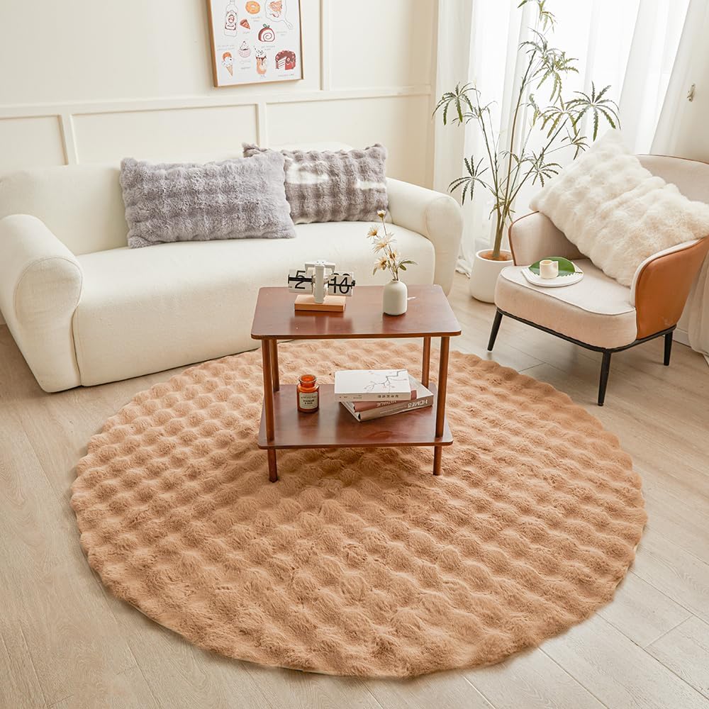 Coffee Round Rabbit Plush Rug for Bedroom and Living Room