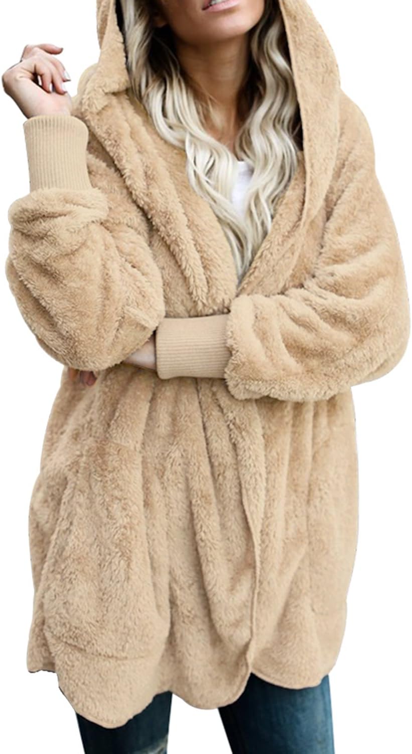 Dokotoo Womens Fuzzy Fleece Open Front Hooded Cardigan Jacket