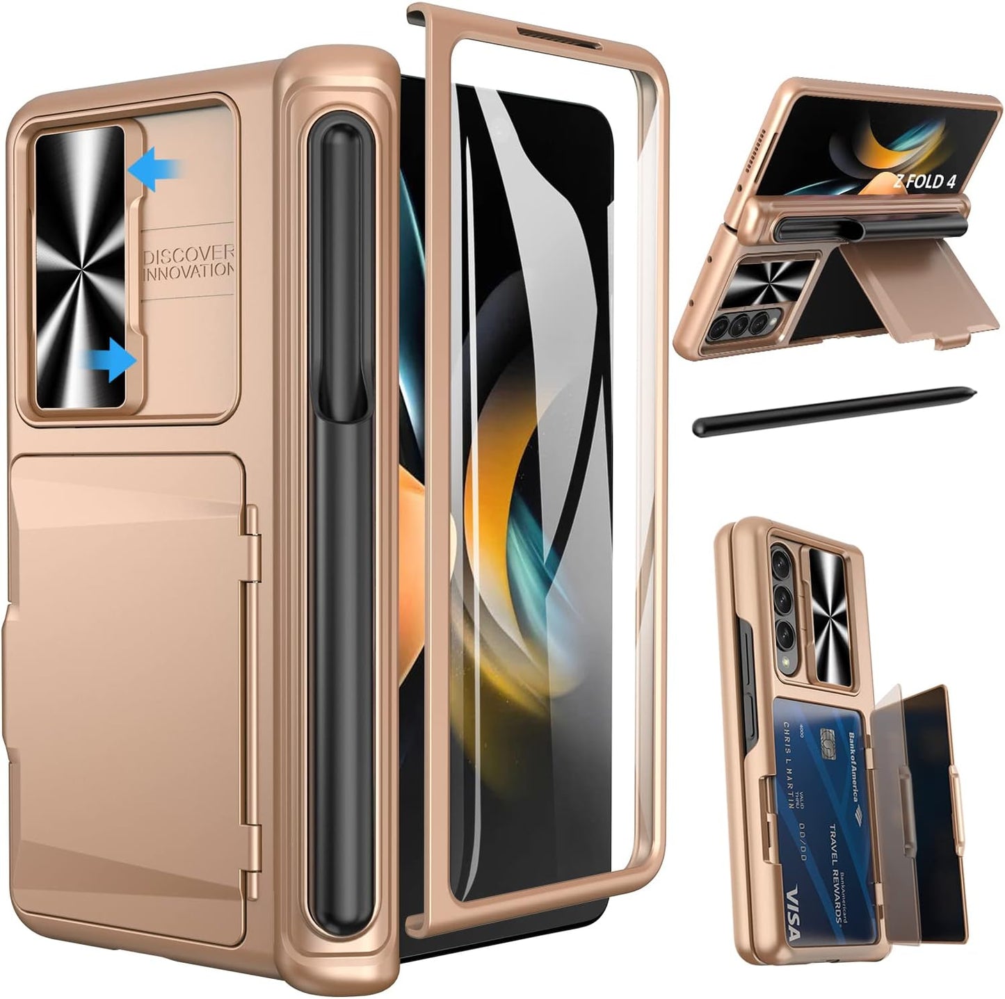 Durable Galaxy Z Fold 4 Case with Card Holder & S Pen Holder