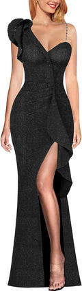 One Shoulder Ruffle Beaded Strap Maxi Dress - Elegant Prom Gown