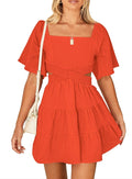 Women's Square Neck Summer Mini Dress - Crossover Waist Casual