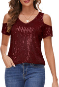 Womens Sparkly Sequin Top V Neck Cold Shoulder - Glitter Party Blouse